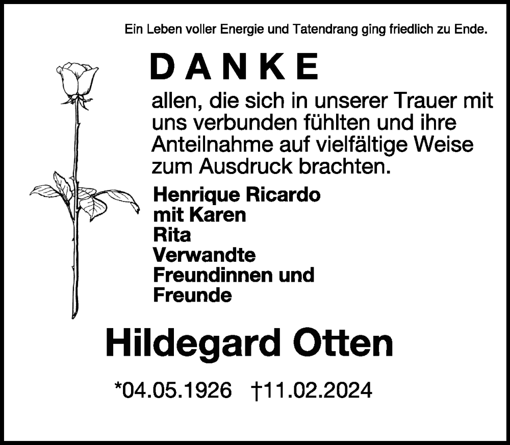  Traueranzeige für Hildegard Otten vom 06.04.2024 aus WochenSpiegel