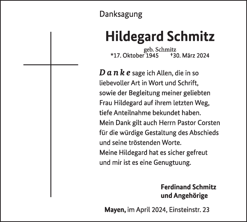  Traueranzeige für Hildegard Schmitz vom 24.04.2024 aus WochenSpiegel