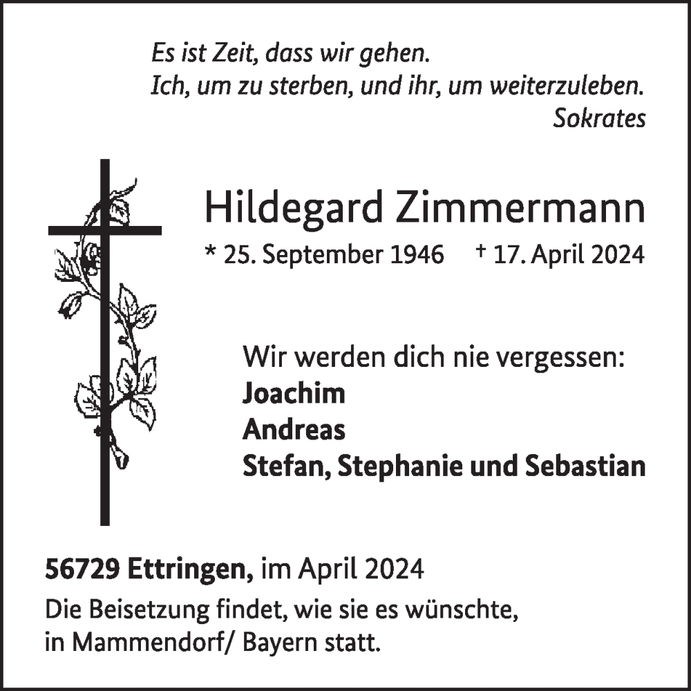  Traueranzeige für Hildegard Zimmermann vom 24.04.2024 aus WochenSpiegel