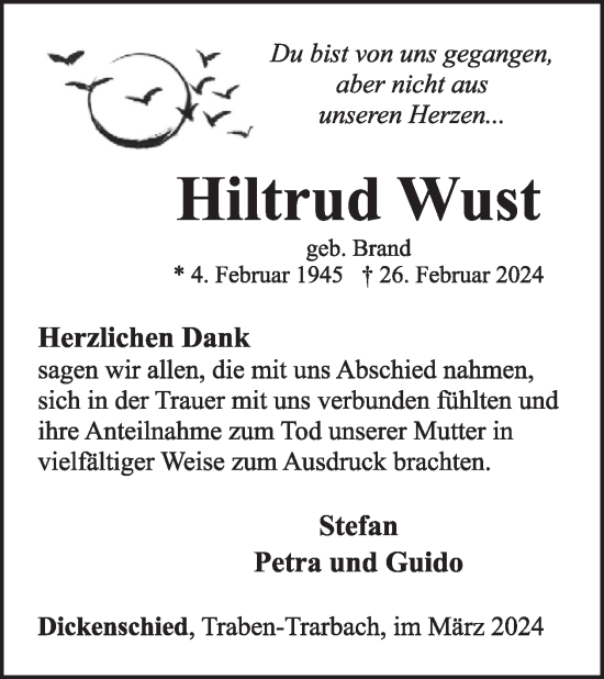 Traueranzeige von Hiltrud Wust von WochenSpiegel