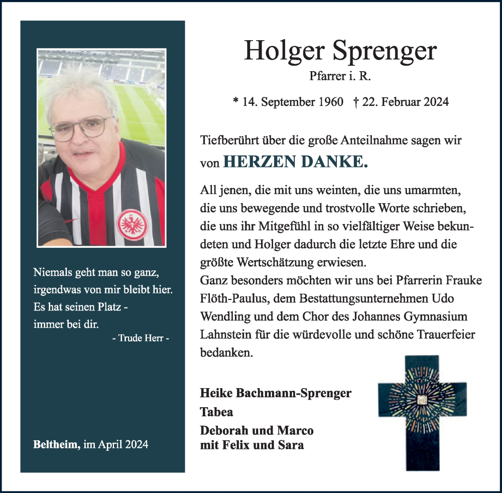  Traueranzeige für Holger Sprenger vom 20.04.2024 aus WochenSpiegel