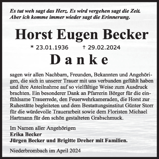 Traueranzeige von Horst Eugen Becker von WochenSpiegel