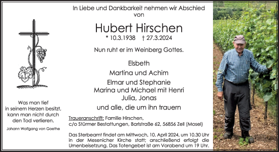 Traueranzeige von Hubert Hirschen von WochenSpiegel