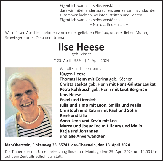 Traueranzeige von Ilse Heese von WochenSpiegel