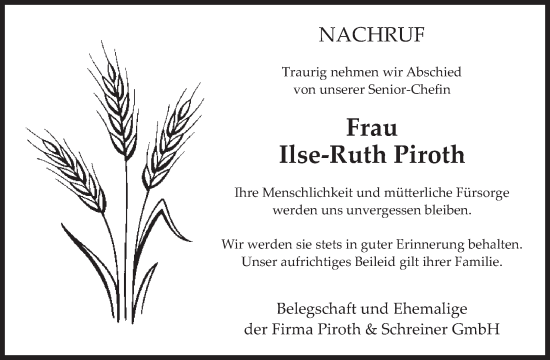 Traueranzeige von Ilse-Ruth Piroth von WochenSpiegel