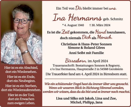 Traueranzeige von Ina Hermanns von WochenSpiegel