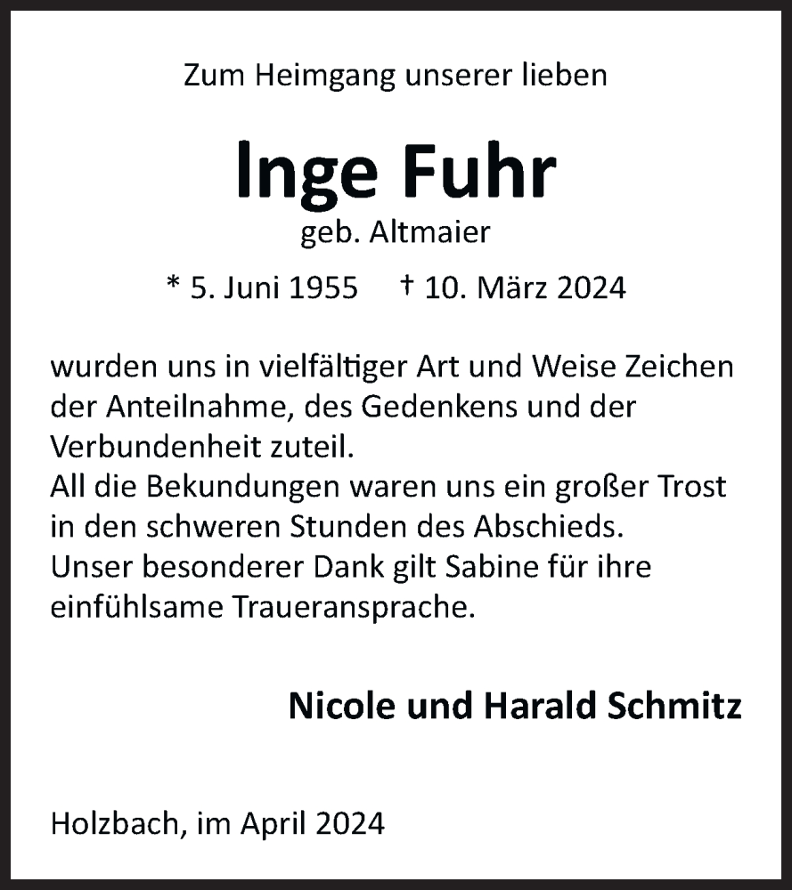  Traueranzeige für Inge Fuhr vom 20.04.2024 aus WochenSpiegel