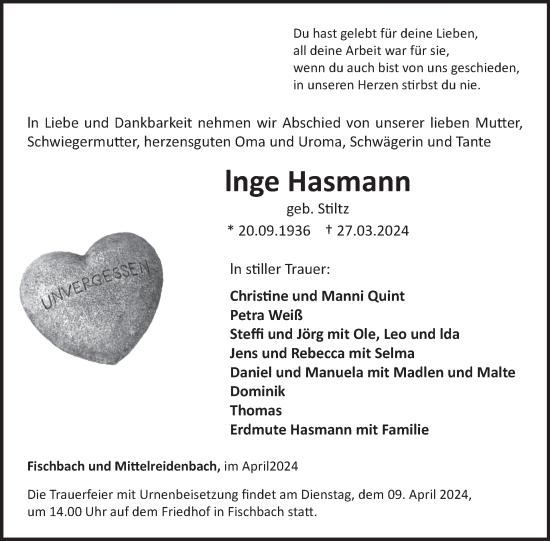 Traueranzeige von Inge Hasmann von WochenSpiegel