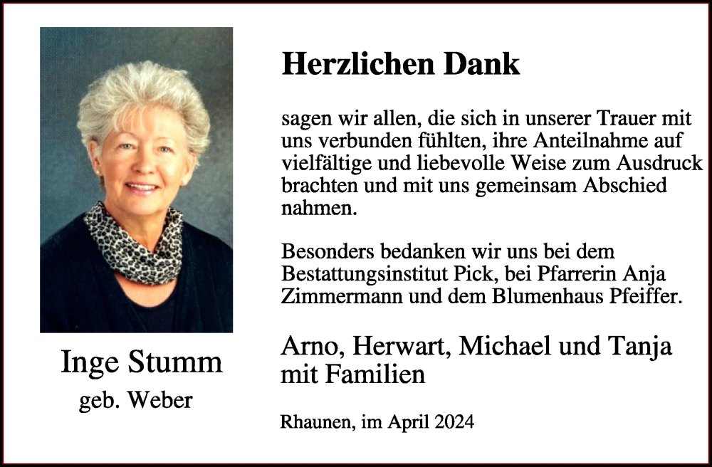  Traueranzeige für Inge Stumm vom 27.04.2024 aus WochenSpiegel