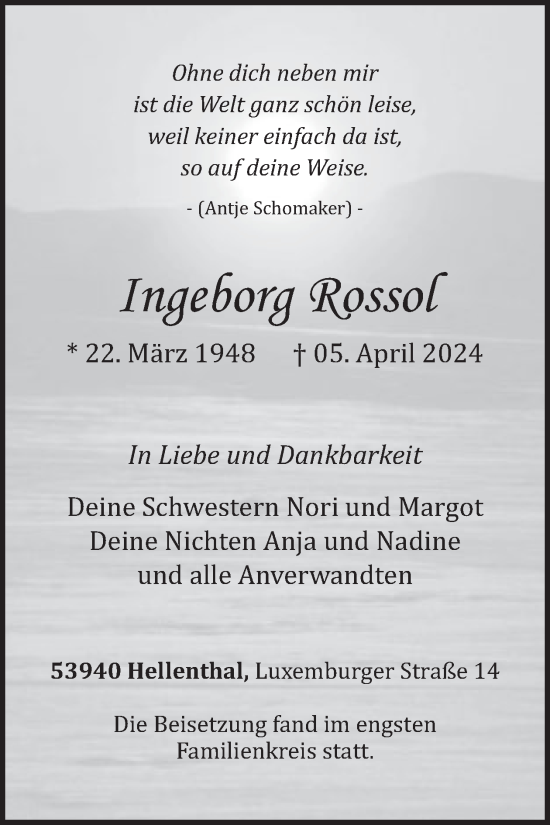 Traueranzeige von Ingeborg Rossol von WochenSpiegel