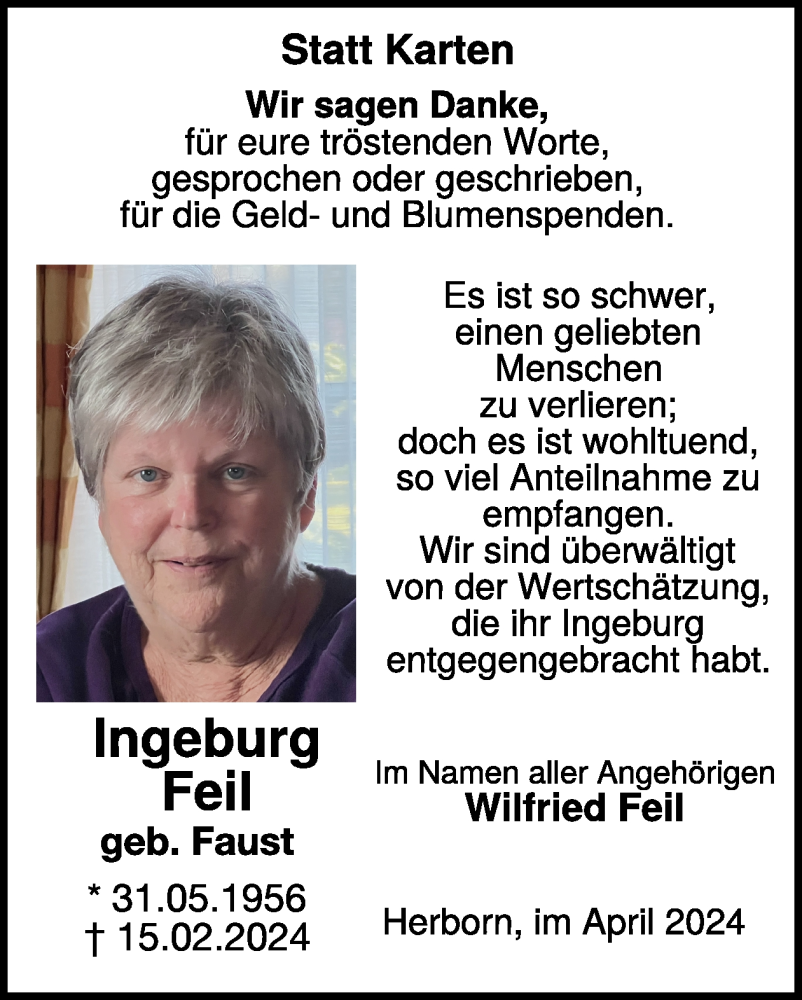  Traueranzeige für Ingeburg Feil vom 20.04.2024 aus WochenSpiegel