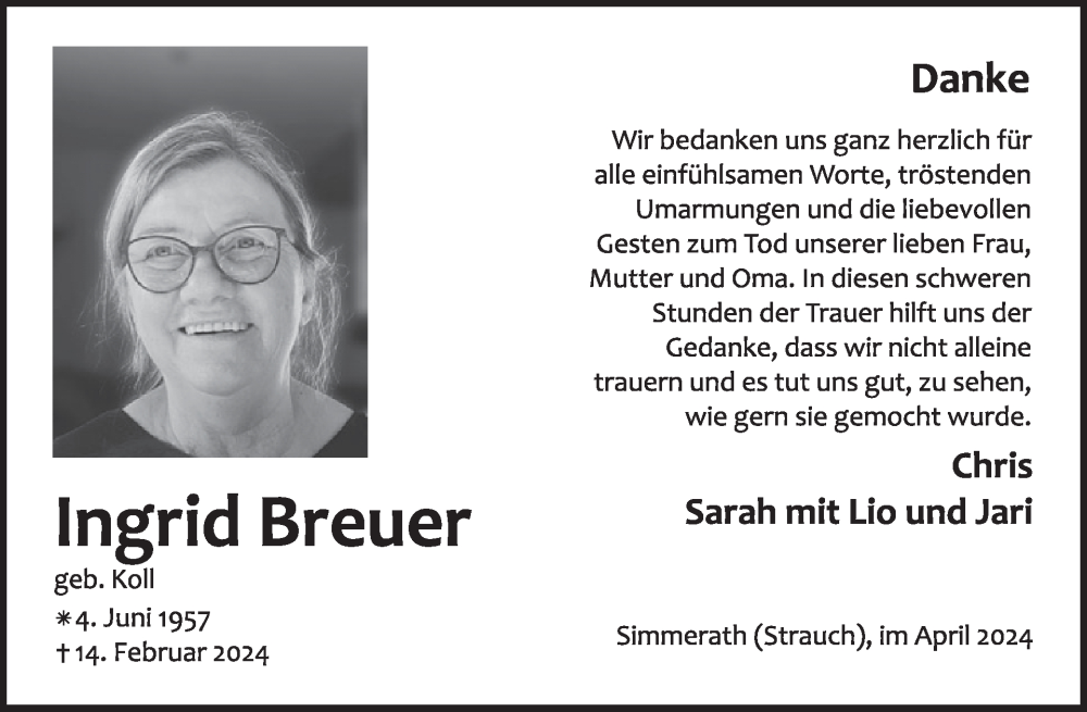 Traueranzeige für Ingrid Breuer vom 10.04.2024 aus WochenSpiegel