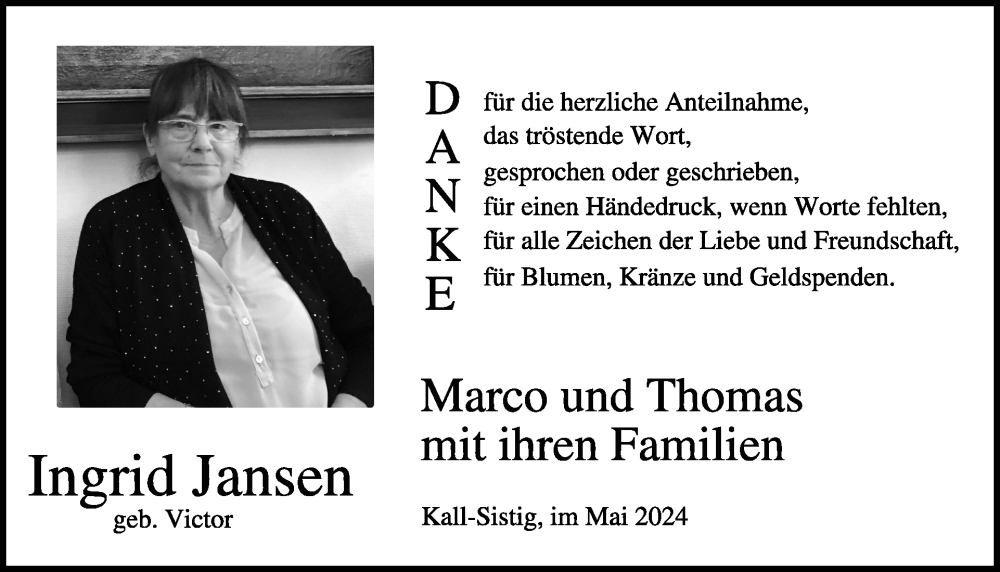  Traueranzeige für Ingrid Jansen vom 01.05.2024 aus WochenSpiegel