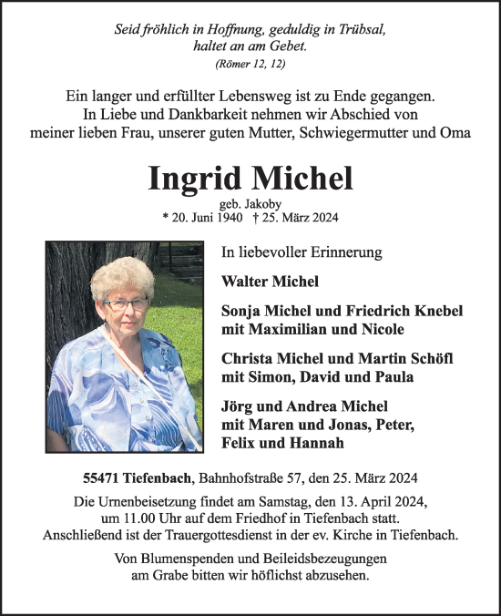 Traueranzeige von Ingrid Michel von WochenSpiegel