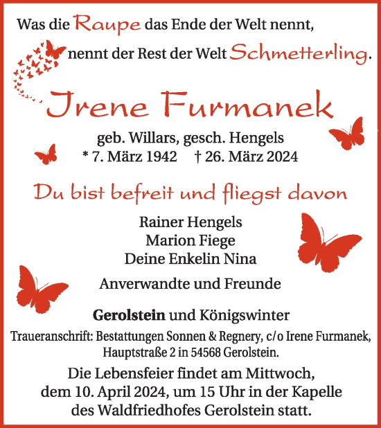 Traueranzeige von Irene Furmanek von WochenSpiegel