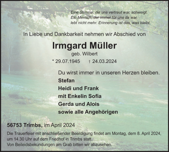 Traueranzeige von Irmgard Müller von WochenSpiegel