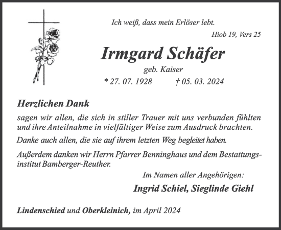 Traueranzeige von Irmgard Schäfer von WochenSpiegel