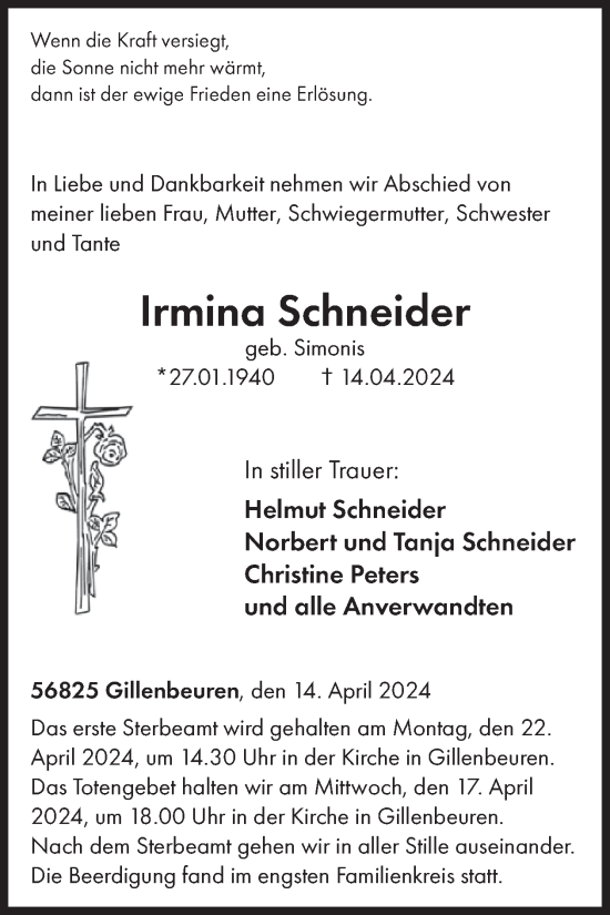 Traueranzeige von Irmina Schneider von WochenSpiegel