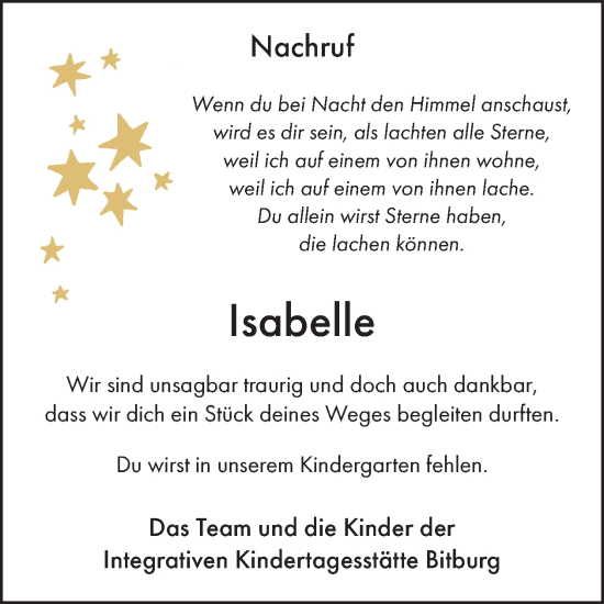 Traueranzeige von Isabelle  von WochenSpiegel