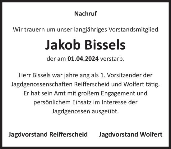 Traueranzeige von Jakob Bissels von WochenSpiegel