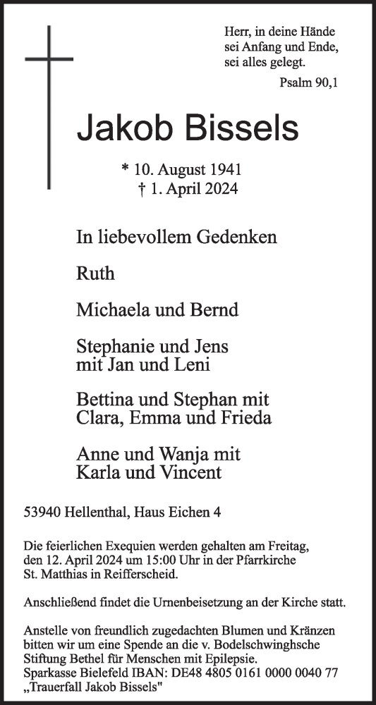 Traueranzeige von Jakob Bissels von WochenSpiegel