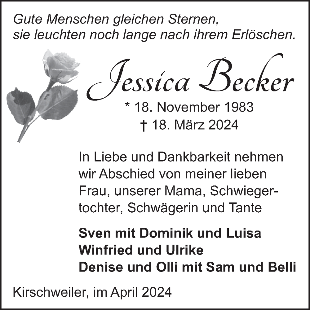  Traueranzeige für Jessica Becker vom 06.04.2024 aus WochenSpiegel