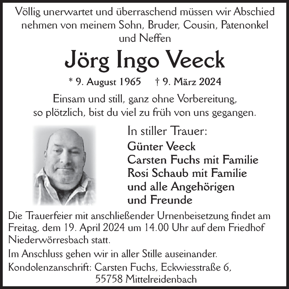  Traueranzeige für Jörg Ingo Veeck vom 06.04.2024 aus WochenSpiegel