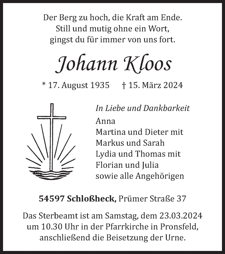  Traueranzeige für Johann Kloos vom 22.03.2024 aus WochenSpiegel