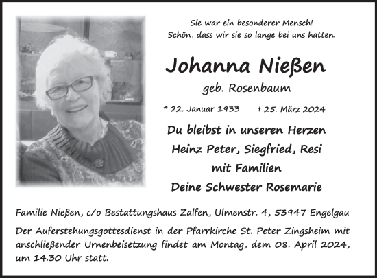 Traueranzeige von Johanna Nießen von WochenSpiegel