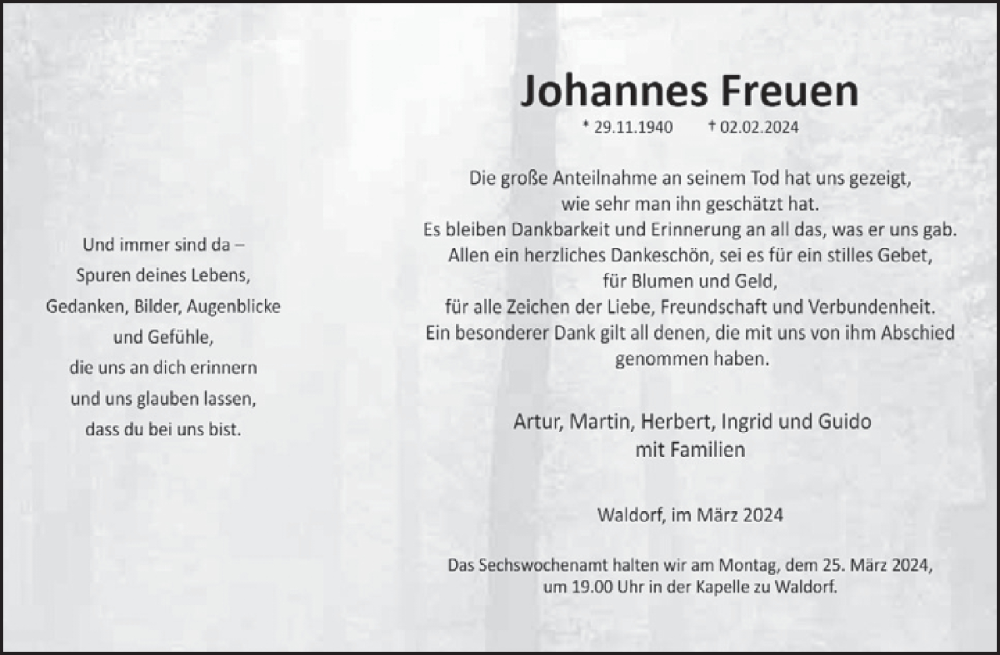  Traueranzeige für Johannes Freuen vom 23.03.2024 aus WochenSpiegel