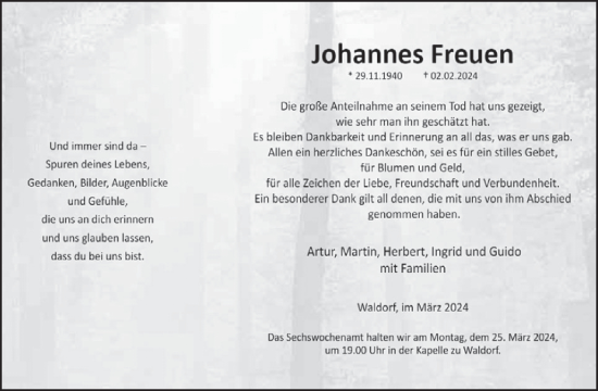Traueranzeige von Johannes Freuen von WochenSpiegel