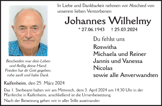 Traueranzeige von Johannes Wilhelmy von WochenSpiegel