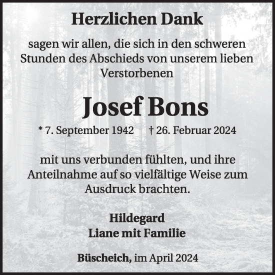 Traueranzeige von Josef Bons von WochenSpiegel