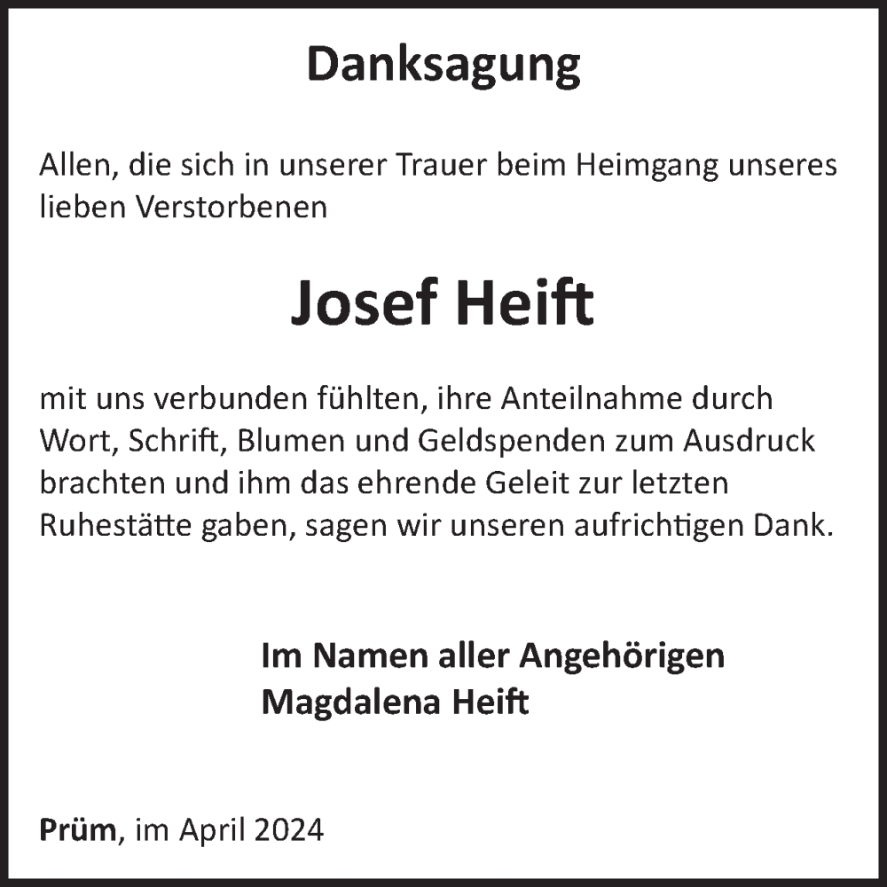  Traueranzeige für Josef Heift vom 12.04.2024 aus WochenSpiegel