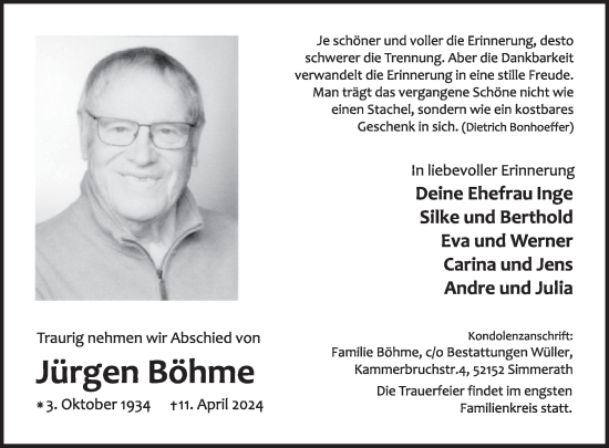Traueranzeige von Jürgen Böhme von WochenSpiegel