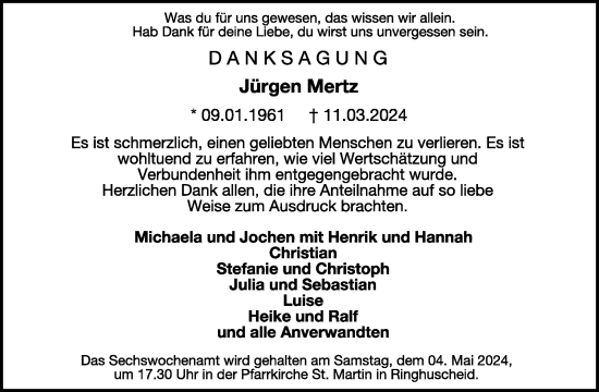 Traueranzeige von Jürgen Mertz von WochenSpiegel