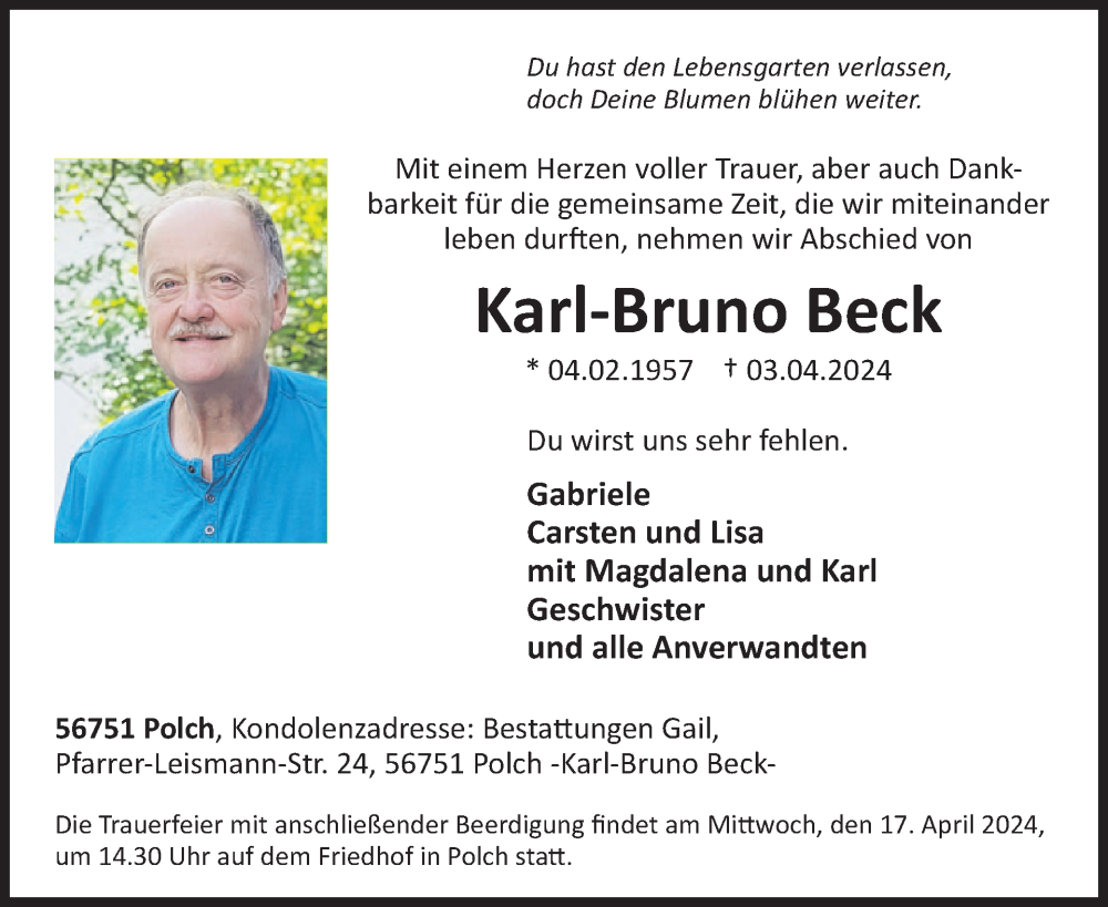  Traueranzeige für Karl-Bruno Beck vom 10.04.2024 aus WochenSpiegel