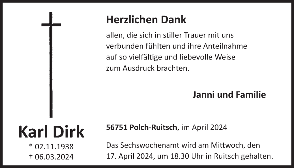  Traueranzeige für Karl Dirk vom 10.04.2024 aus WochenSpiegel