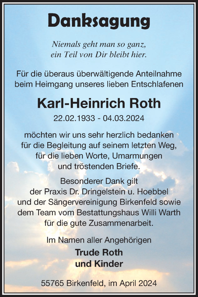 Traueranzeige für Karl-Heinrich Roth vom 27.04.2024 aus WochenSpiegel