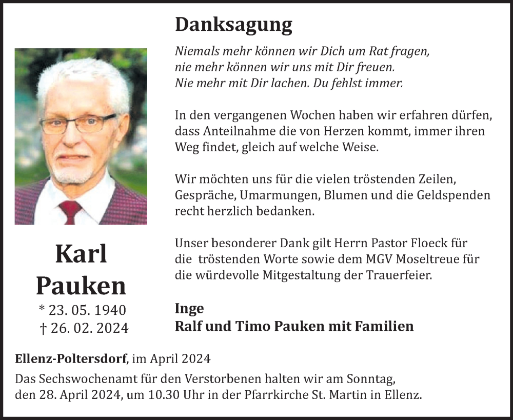  Traueranzeige für Karl Pauken vom 17.04.2024 aus WochenSpiegel