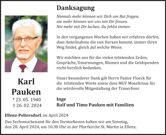 Traueranzeige von Karl Pauken von WochenSpiegel