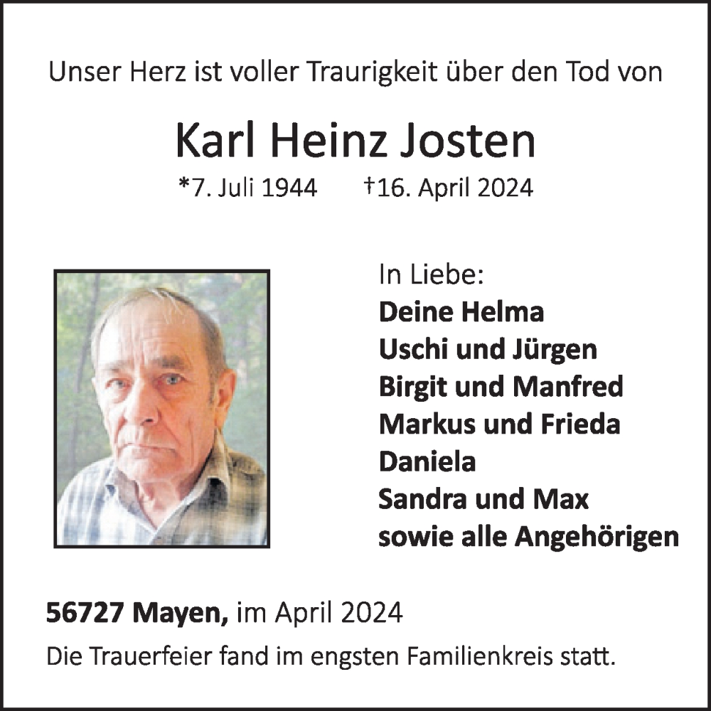  Traueranzeige für Karl Heinz Josten vom 01.05.2024 aus WochenSpiegel