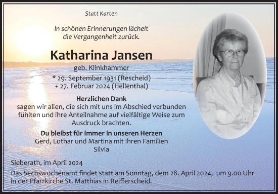 Traueranzeige von Katharina Jansen von WochenSpiegel