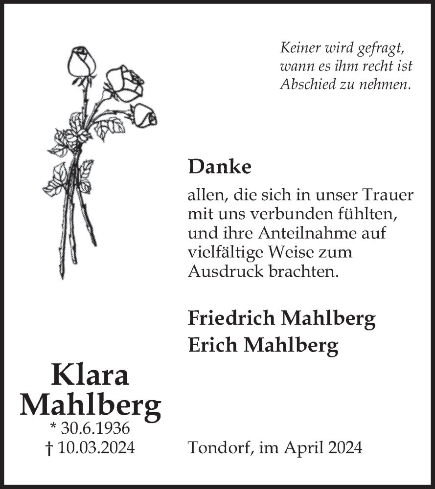  Traueranzeige für Klara Mahlberg vom 20.04.2024 aus WochenSpiegel