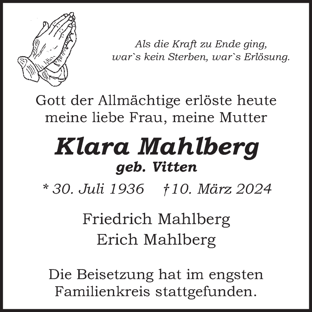  Traueranzeige für Klara Mahlberg vom 03.04.2024 aus WochenSpiegel