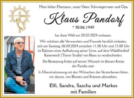 Traueranzeige von Klaus Pandorf von WochenSpiegel