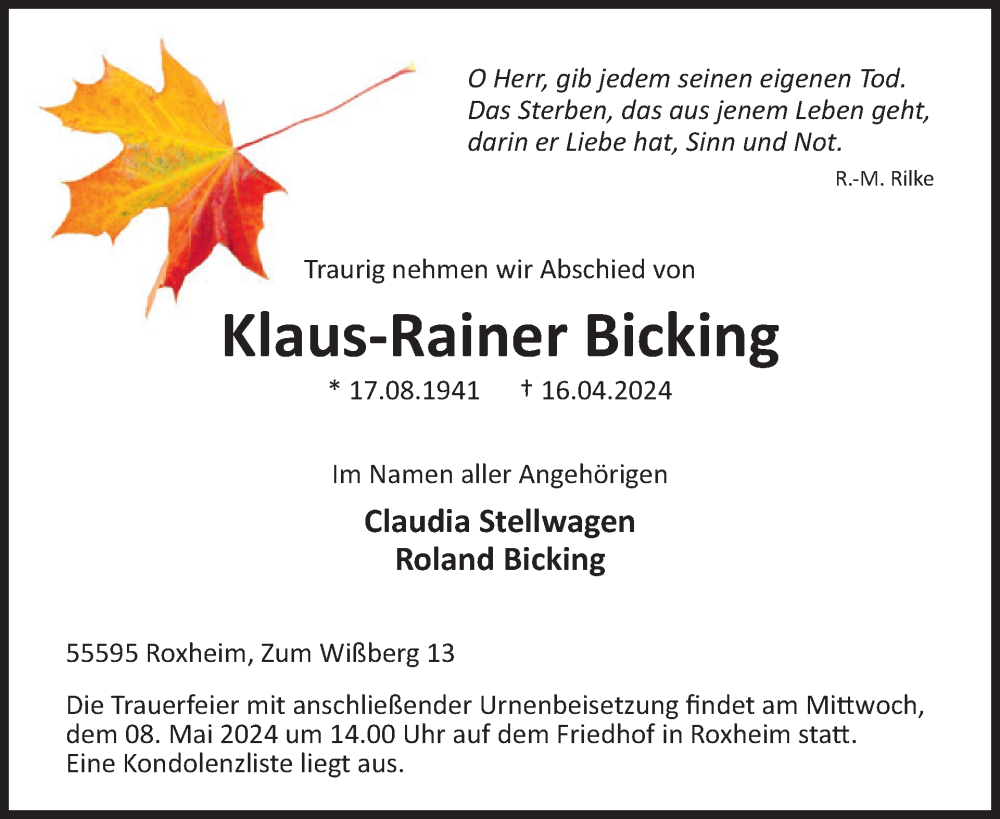 Traueranzeige für Klaus-Rainer Bicking vom 27.04.2024 aus WochenSpiegel