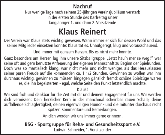 Traueranzeige von Klaus Reinert von WochenSpiegel