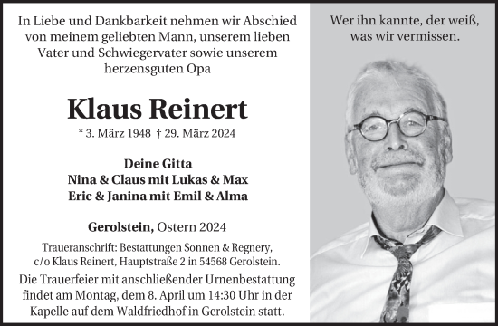 Traueranzeige von Klaus Reinert von WochenSpiegel