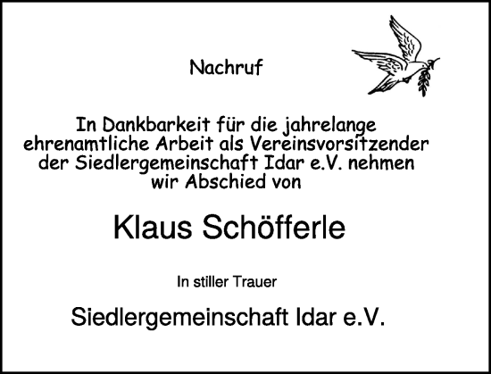 Traueranzeige von Klaus Schöfferle von WochenSpiegel